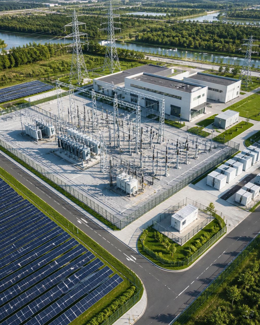 Modern energy grid facility from above